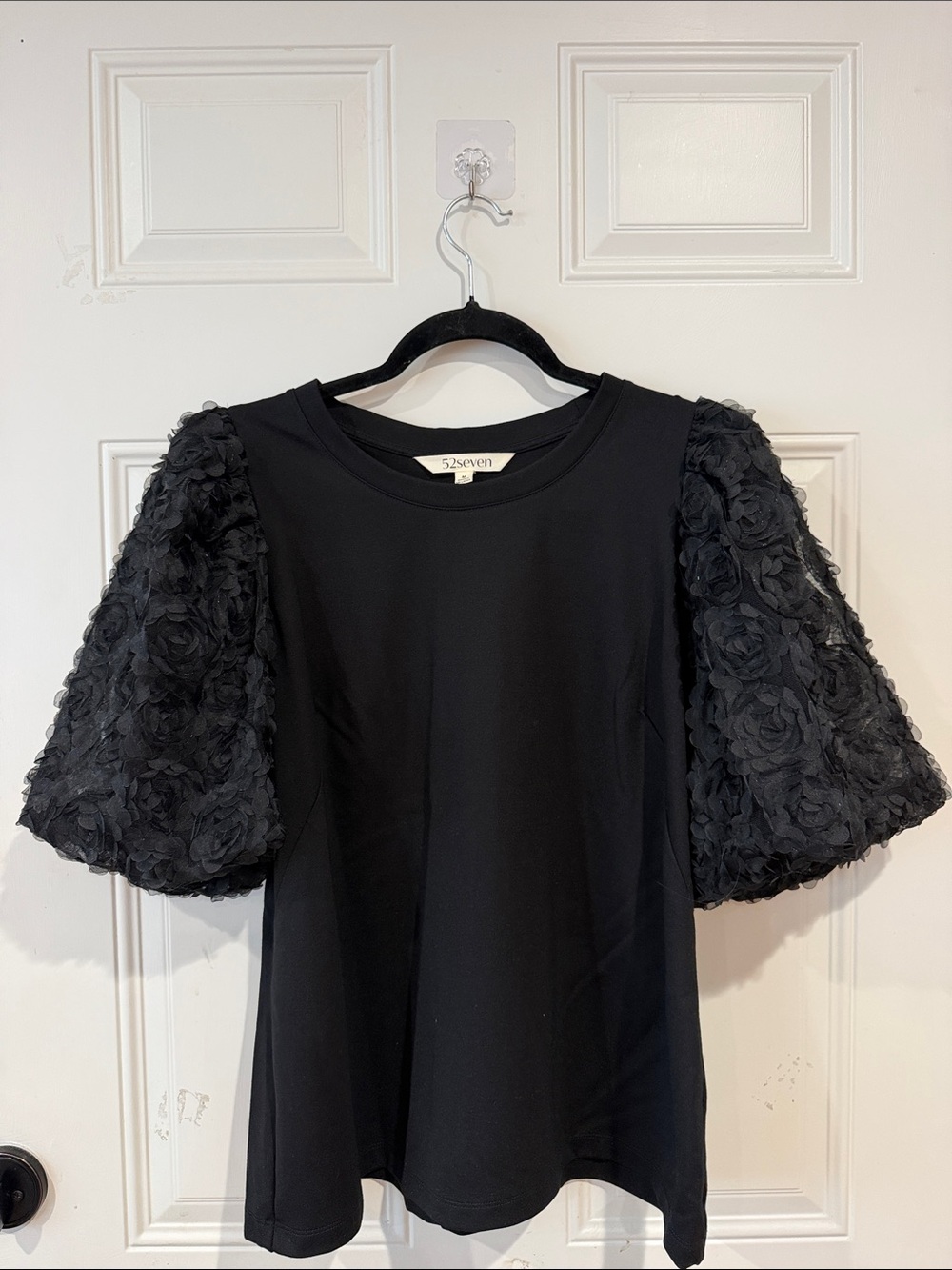 52seven Black Long-Sleeve Dress with Floral Puff Sleeves